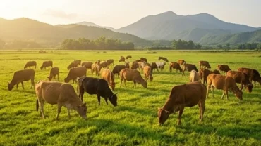 Đàn bò khỏe mạnh thong thả gặm cỏ trên cánh đồng rộng lớn đại diện cho giấc mơ thấy đàn bò vượng phát