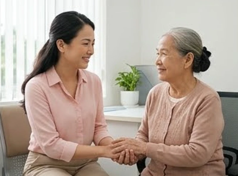 Hai mẹ con đang nắm tay nhau mỉm cười trong lúc ngồi nghe bác sĩ tư vấn sức khỏe
