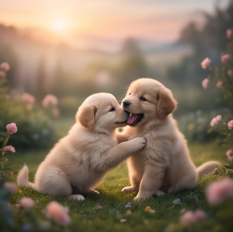 Hai chú chó con quấn quýt đùa giỡn thể hiện sự vui vẻ và hòa thuận trong các mối quan hệ
