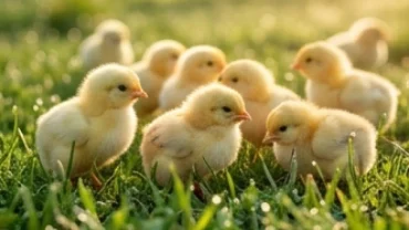 Đàn gà con lông vàng óng khỏe mạnh đang ríu rít kiếm mồi trên bãi cỏ xanh, biểu tượng may mắn khi mơ thấy đàn gà con