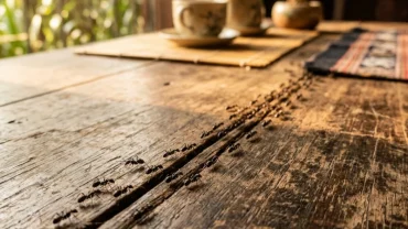 Hình ảnh đàn kiến đen bò thành hàng lối trên bàn gỗ mộc mạc gợi liên tưởng đến điềm báo khi mơ thấy đàn kiến