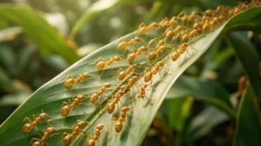Đàn kiến vàng cần mẫn di chuyển trên lá cây xanh, đại diện cho những điềm báo phong thủy tích cực khi mơ thấy đàn kiến