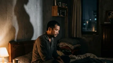 Hình ảnh người đàn ông Việt Nam ngồi suy tư bên cửa sổ thể hiện tâm lý lo âu khi mơ thấy đàn ông có bầu