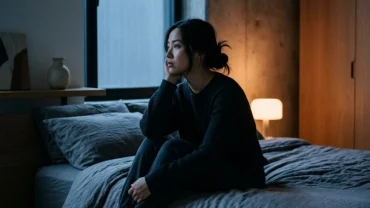 Hình ảnh người phụ nữ lo âu khi mơ thấy đàn ông dê mình trong phòng ngủ tối