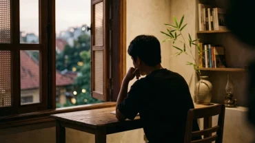 Người đàn ông ngồi suy tư trong bóng tối phản ánh lo âu khi mơ thấy đàn ông ở truồng
