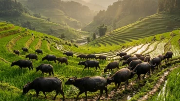 Ý nghĩa điềm báo tâm linh khi mơ thấy đàn trâu đen gặm cỏ thanh bình trên cánh đồng lúa chín vàng tại Việt Nam