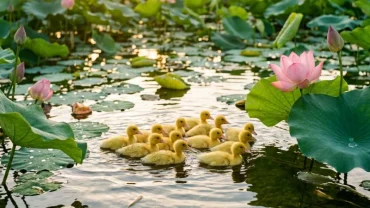 Điềm báo lành khi mơ thấy đàn vịt con lông vàng bơi lội thanh bình dưới ao sen tại làng quê Việt Nam