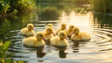 Đàn vịt con lông vàng bơi lội dưới ánh nắng bình minh tượng trưng cho điềm báo cát tường khi mơ thấy đàn vịt con