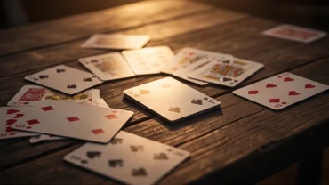 Bộ bài Tây nằm trải trên bàn gỗ dưới ánh sáng mờ ảo mang ý nghĩa phong thủy khi mơ thấy đánh bài