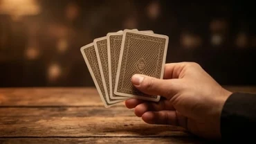 Mơ thấy đánh bài có tứ quý quyền lực nổi bật trên mặt bàn gỗ phản ánh điềm báo tài lộc