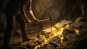 Một người lao động cần mẫn vung cuốc chim đập vào tảng đá để làm lộ ra những khối quặng rực rỡ khi mơ thấy đào vàng