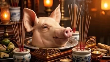 Mâm cúng có đầu heo luộc trang trọng giúp bạn tìm ra điềm báo khi mơ thấy đầu heo