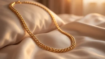 Sợi dây chuyền vàng 24k lấp lánh đặt trên nền vải lụa mềm mại tượng trưng cho giấc mơ thấy dây chuyền vàng