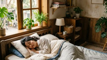 Người phụ nữ Việt Nam đang ngủ yên bình trong phòng ngủ ấm áp gợi liên tưởng đến giấc mơ thấy đẻ em bé