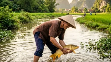 Bức ảnh người dân lội sông bắt cá ở làng quê Việt Nam minh họa cho điềm báo mơ thấy đi bắt cá tốt lành