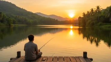 Trải nghiệm mơ thấy đi câu cá thể hiện qua dáng vẻ thong thả của người thợ câu bên hồ nước tĩnh lặng lúc hoàng hôn