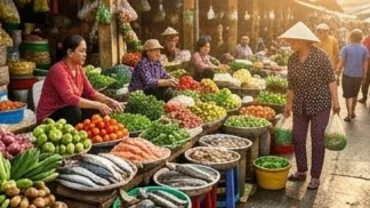 Cảnh nhộn nhịp tại một khu chợ truyền thống Việt Nam đại diện cho giấc mơ thấy đi chợ mang điềm báo tài lộc