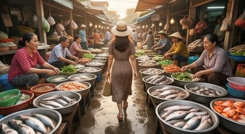 Người mua kẻ bán tấp nập tại một khu chợ hải sản với nhiều loại cá bơi lội khỏe mạnh
