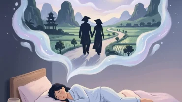 Hình ảnh minh họa một người đang ngủ và mơ thấy đi chơi với người yêu cũ trong khung cảnh lãng mạn