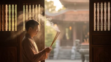 Khung cảnh thanh tịnh với người thắp hương dưới ánh sáng vàng ấm áp giải mã giấc mơ thấy đi chùa