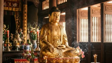 Hình ảnh tượng Phật uy nghiêm tỏa ánh hào quang dịu nhẹ trong điện thờ khi mơ thấy đi chùa gặp tượng phật
