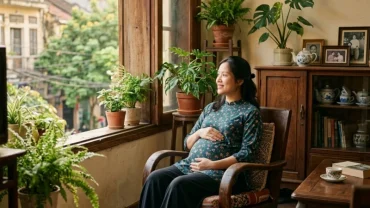 Hình ảnh một người phụ nữ Việt Nam mang thai đang mỉm cười hạnh phúc bên khung cửa sổ ngập tràn ánh nắng ấm áp khi mơ thấy đi đẻ