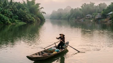 Cảnh người chèo con đò gỗ nhỏ vượt dòng sông rộng lớn trong sương sớm miền quê Việt Nam gợi nhớ giấc mơ thấy đi đò qua sông