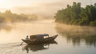 Chiếc đò mộc mạc nhẹ nhàng rẽ sóng khi bạn mơ thấy đi đò qua sông dưới ánh bình minh tĩnh lặng