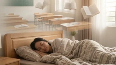 Người phụ nữ trẻ đang ngủ say trên giường và mơ thấy đi học giữa không gian trường lớp mờ ảo