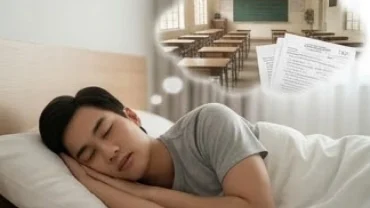 Người trẻ tuổi nằm ngủ và mơ thấy đi học thi cử với không gian trường lớp hư ảo