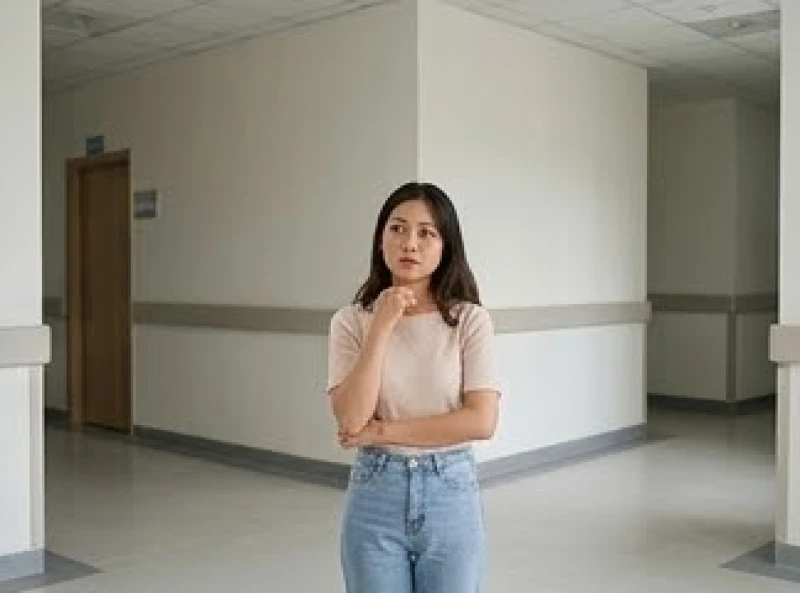 Một người phụ nữ đứng bối rối trước ngã rẽ của một hành lang bệnh viện rộng lớn và vắng lặng