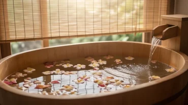Người phụ nữ thư giãn ngâm mình trong bồn tắm gỗ mộc mạc phủ đầy cánh hoa