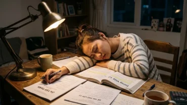 Nam thanh niên Việt Nam ngủ gục trên bàn học với vẻ mặt lo âu trong giấc mơ thấy đi thi