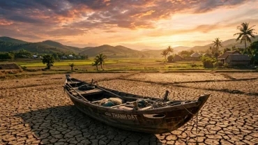 Hình ảnh chiếc thuyền gỗ lớn nằm mắc cạn trên mặt đất khô cằn gợi liên tưởng đến giấc mơ thấy đi thuyền trên cạn