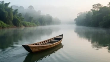 Chiếc thuyền gỗ mộc mạc lướt êm ả trên dòng sông trong sương sớm khi mơ thấy đi thuyền trên sông