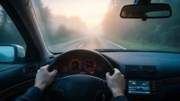 Góc nhìn từ ghế lái của một người đang mơ thấy đi xe ô tô xuyên qua màn sương mù mờ ảo lúc bình minh