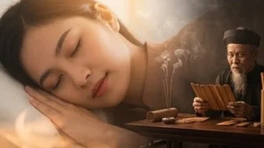 Người phụ nữ thiu thiu ngủ và chiêm bao mơ thấy đi xem bói trước một bàn gieo quẻ truyền thống mờ ảo