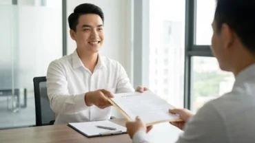 Một người trẻ đang mỉm cười tự tin cầm hồ sơ nộp phỏng vấn thể hiện ý nghĩa mơ thấy đi xin việc