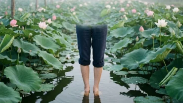 Bức tranh minh họa đôi chân bước đi trên bùn lầy ao sen Việt Nam giúp người đọc lý giải điềm báo mơ thấy đỉa bám vào chân