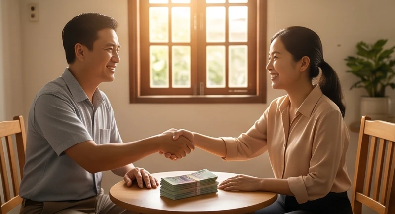 Mơ thấy mình đi đòi nợ: Giải mã vai chủ nợ & số may mắn 3 Hai người vui vẻ bắt tay trao nhau xấp tiền giấy sau khi giải quyết xong khoản nợ