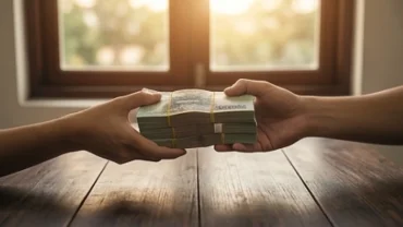 Người đang giao dịch đổi tiền giấy trên bàn làm việc trong ánh sáng ấm áp phản ánh giấc mơ thấy đổi tiền