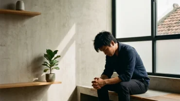 Hình ảnh ẩn dụ về người đàn ông mệt mỏi trong căn phòng tối biểu thị tâm lý căng thẳng khi mơ thấy dòi trong người