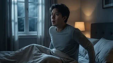 Người phụ nữ trằn trọc trong phòng ngủ mờ tối sau khi mơ thấy động đất dữ dội phá hủy nhà cửa