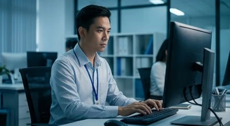 Nhân viên văn phòng đang tập trung làm việc trước màn hình máy tính