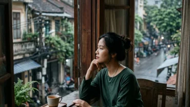 Hình ảnh cô gái trẻ Việt Nam ngồi suy tư bên cửa sổ phòng ngủ sau khi mơ thấy động vật chết trong đêm