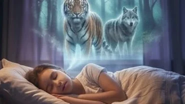 Cô gái trẻ chìm vào giấc ngủ sâu bên cạnh bóng mờ rực rỡ của hổ và sói đại diện cho việc mơ thấy động vật hoang dã