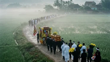 Hình ảnh mang tính biểu tượng về điềm báo khi mơ thấy đưa đám tang trong sương mù tĩnh lặng