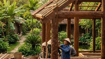 Khung cảnh thợ mộc đang cẩn thận lắp ráp các cột kèo trong giấc mơ thấy dựng nhà gỗ truyền thống mang lại vượng khí