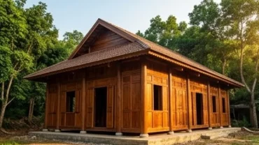 Khung cảnh bình yên trong giấc mơ thấy dựng nhà gỗ truyền thống với kết cấu mộc mạc