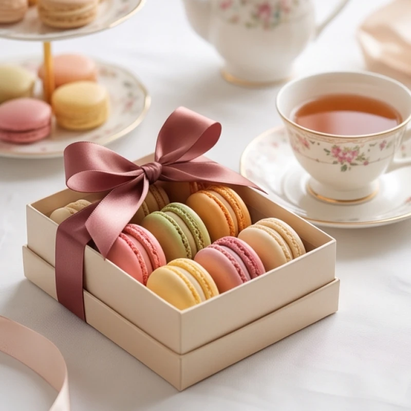 Hộp bánh ngọt macaron nhiều màu sắc được thắt nơ tỉ mỉ đặt cạnh một tách trà gốm sứ tinh tế